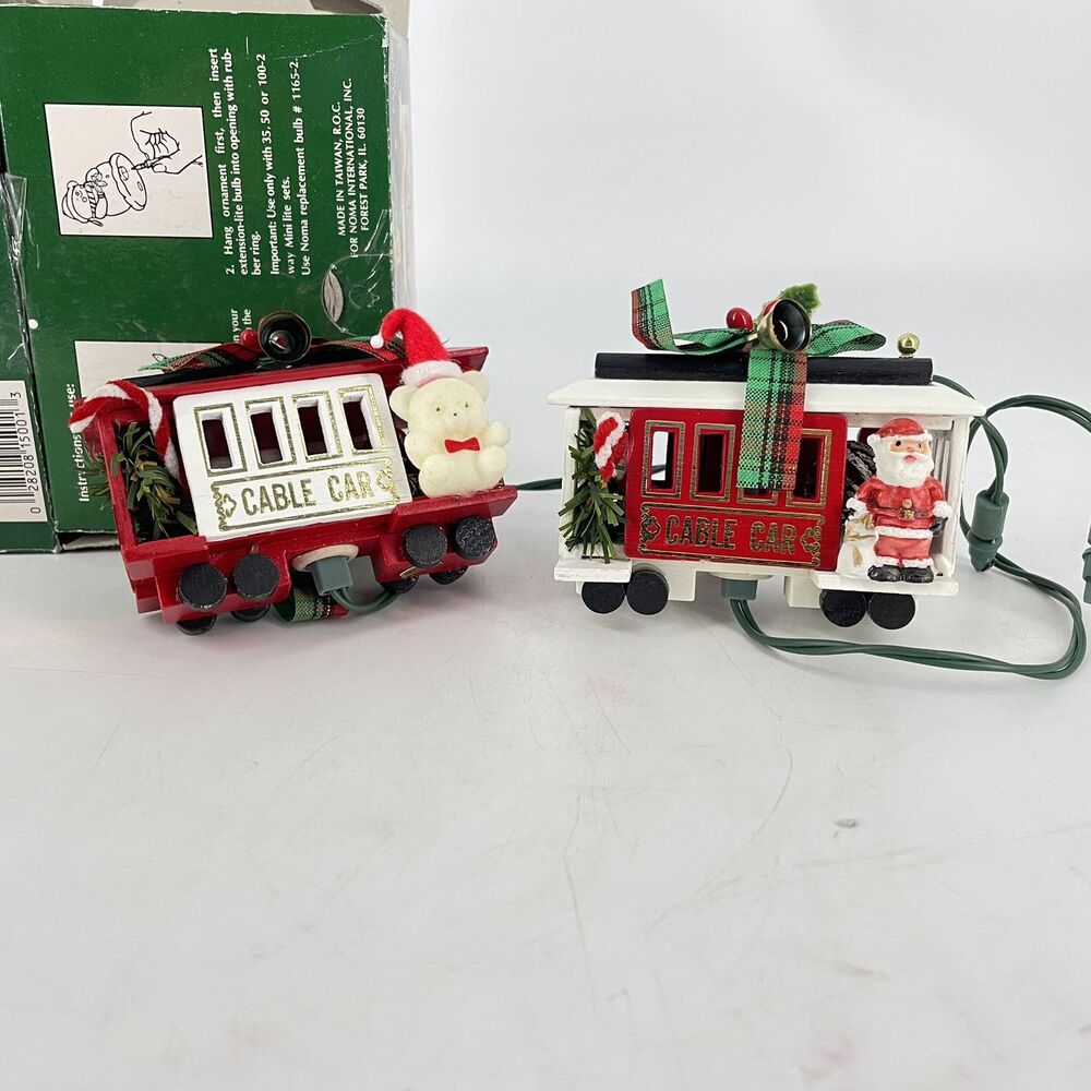 Lot of 2 Vintage NOMA Lighted Cable Car Santa Christmas Ornaments w/ Boxes